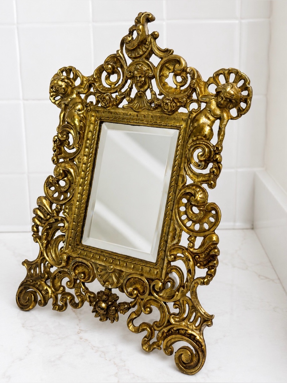 Antique Cast Brass Cherub Putti Rococo Victorian Easel Vanity Mirror Frame